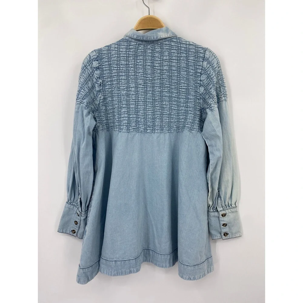 Free People Dress Womens XS Blue Smocked Denim Chambray Long Sleeve Button Front